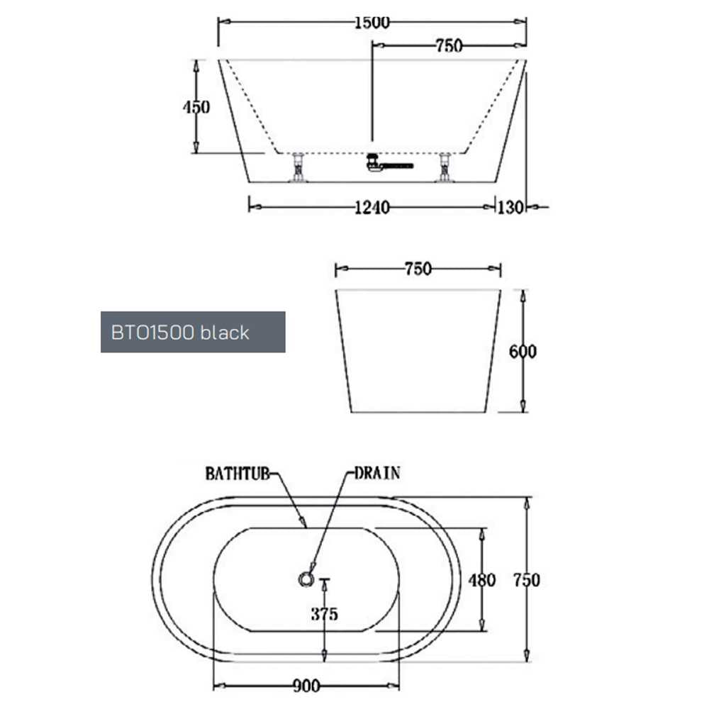 Oslo Free Standing Bathtub - Matte Black - Hera Bathware1500mmMatte Black