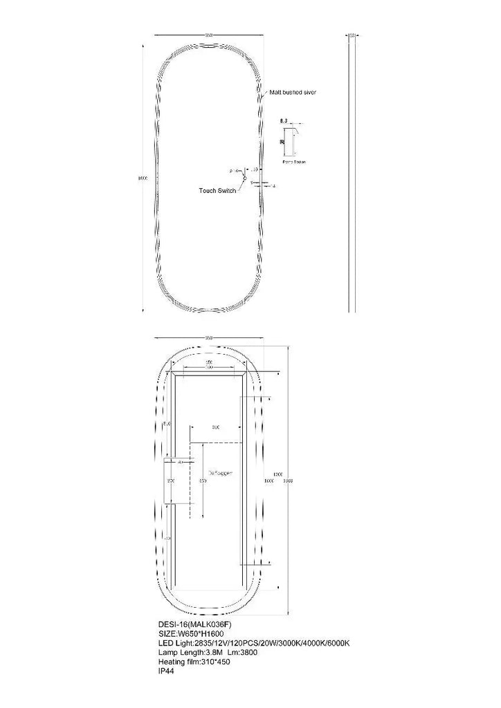 Oval Dressing LED Mirror 1600*650mm - Hera Bathware