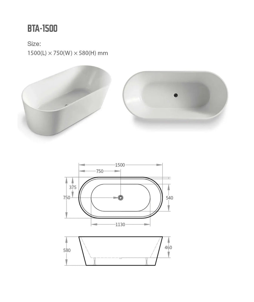Prato Oval Shape Free Standing Bathtub - Matte White - Hera Bathware1500mmMatte White