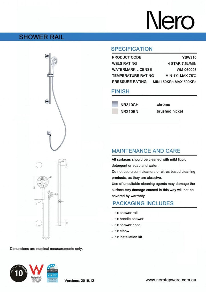 Rain Shower Rail With Push Button Shower - Chrome - Hera BathwareChrome