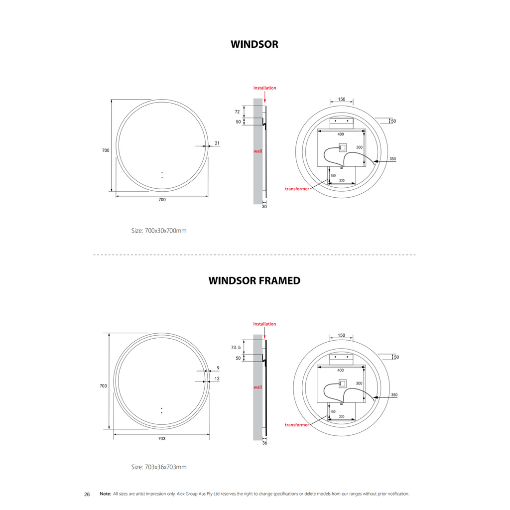 WINDSOR Frameless Sensor Round LED Mirror 700/900mm - Hera BathwareNo Frame700MM
