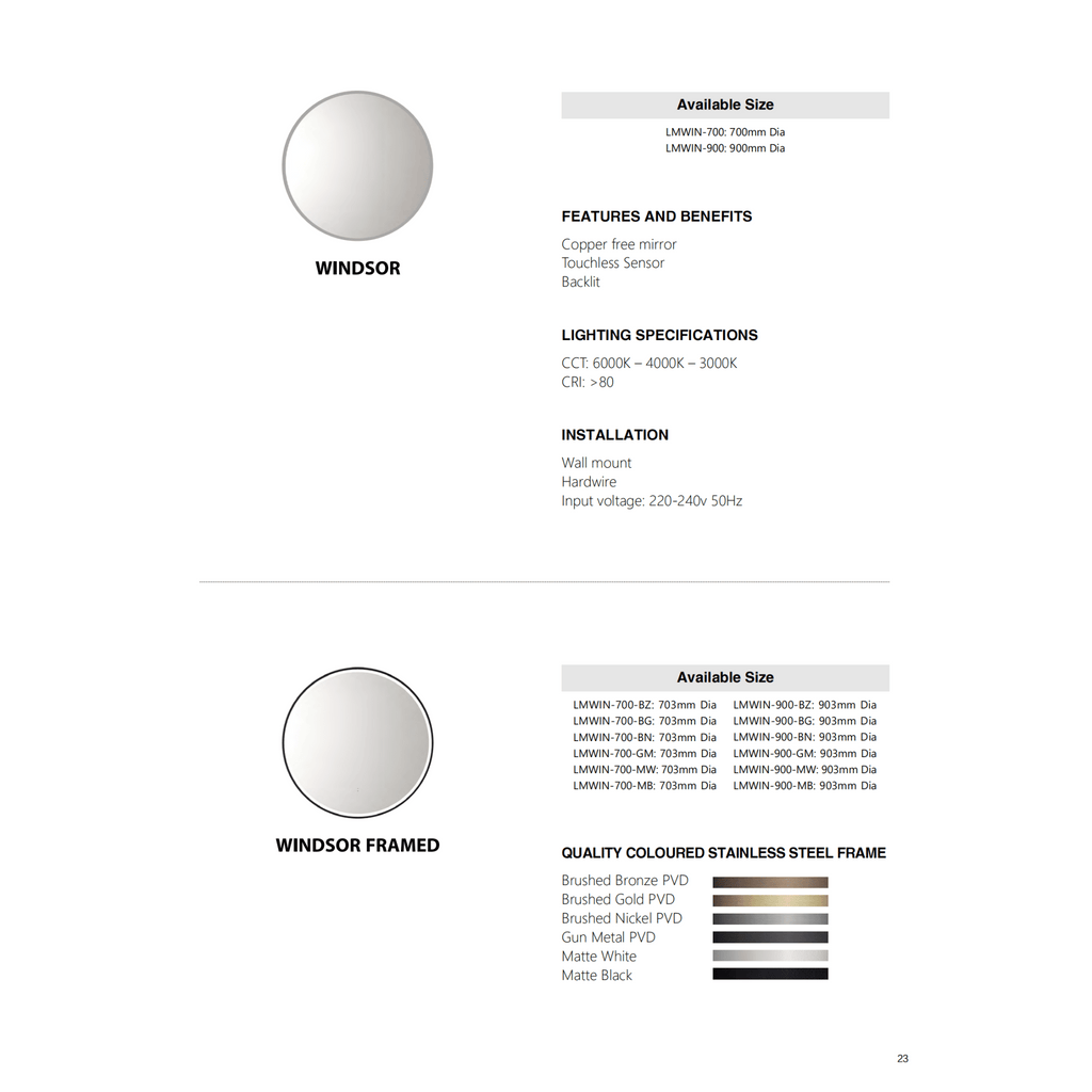 WINDSOR Frameless Sensor Round LED Mirror 700/900mm - Hera BathwareNo Frame700MM