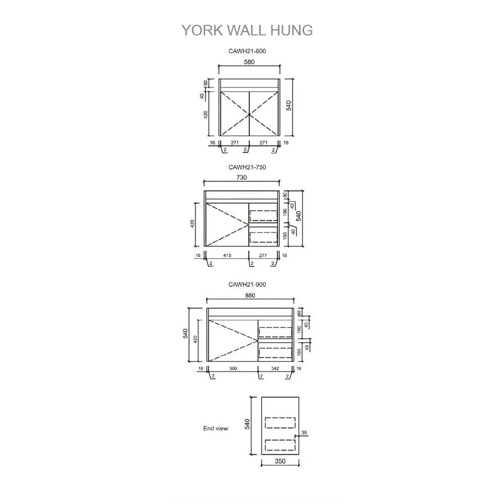 York Timber Slim Look Wall Hung Vanity - 600mm - Hera BathwareCeramic Top